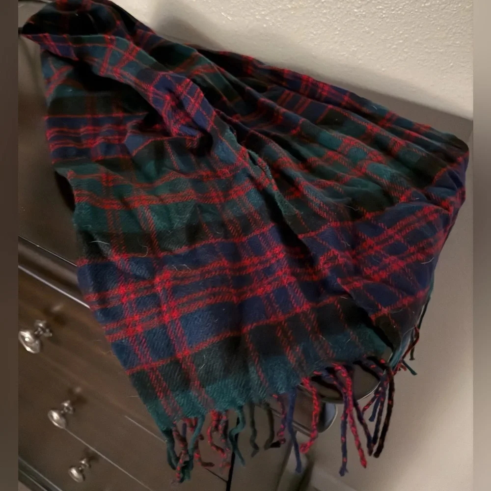 Navy Red Plaid Tartan Fringe Scarf Wrap Cozy Winter Shawl